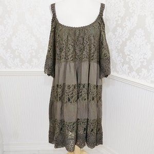 Muche Muchette Olive Green Cold Shoulder Lace Detail Dress Boho Lagenlook M / L